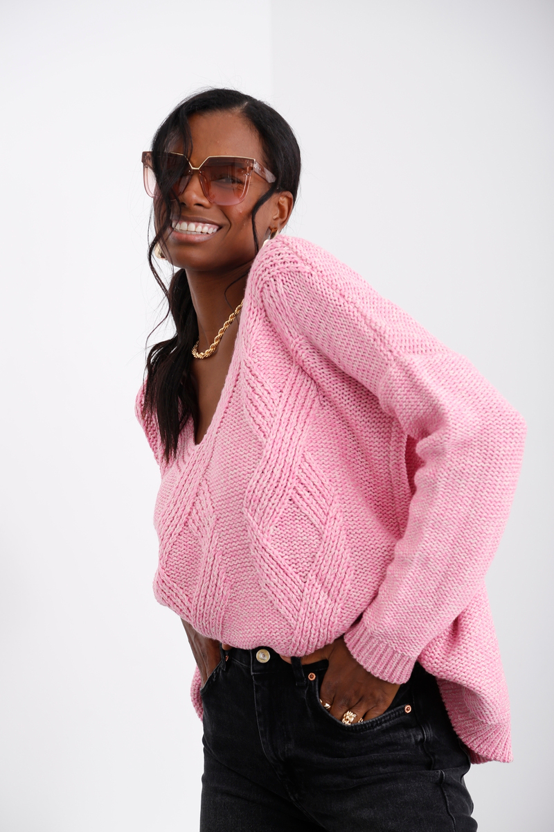 Pembe V Yaka Oversize Kazak 