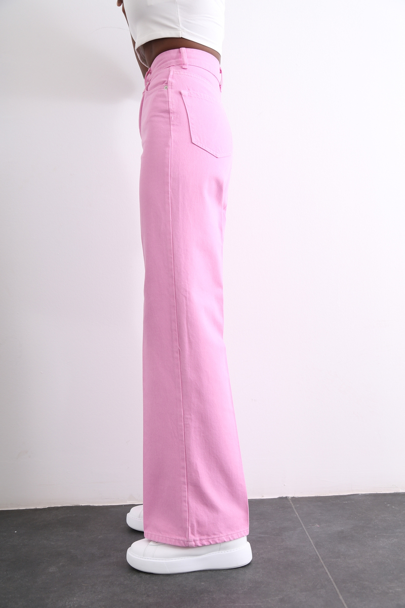 Pembe Yüksek Bel Geniş Paça Jean 2000