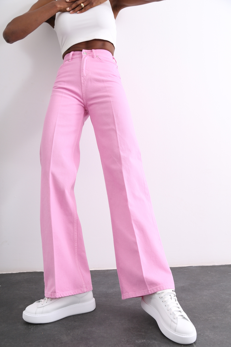 Pembe Yüksek Bel Geniş Paça Jean 2000