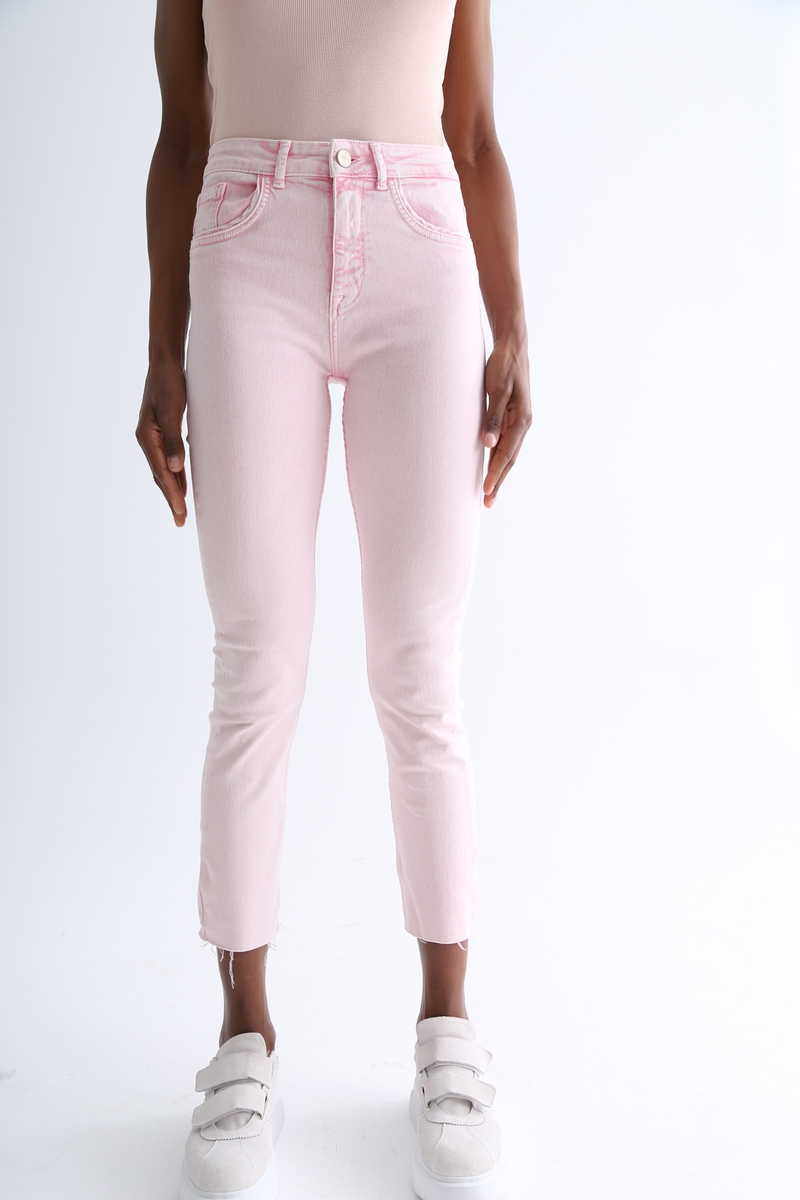 Pembe Yüksek Bel Kesik Paça Boyfit Jean 