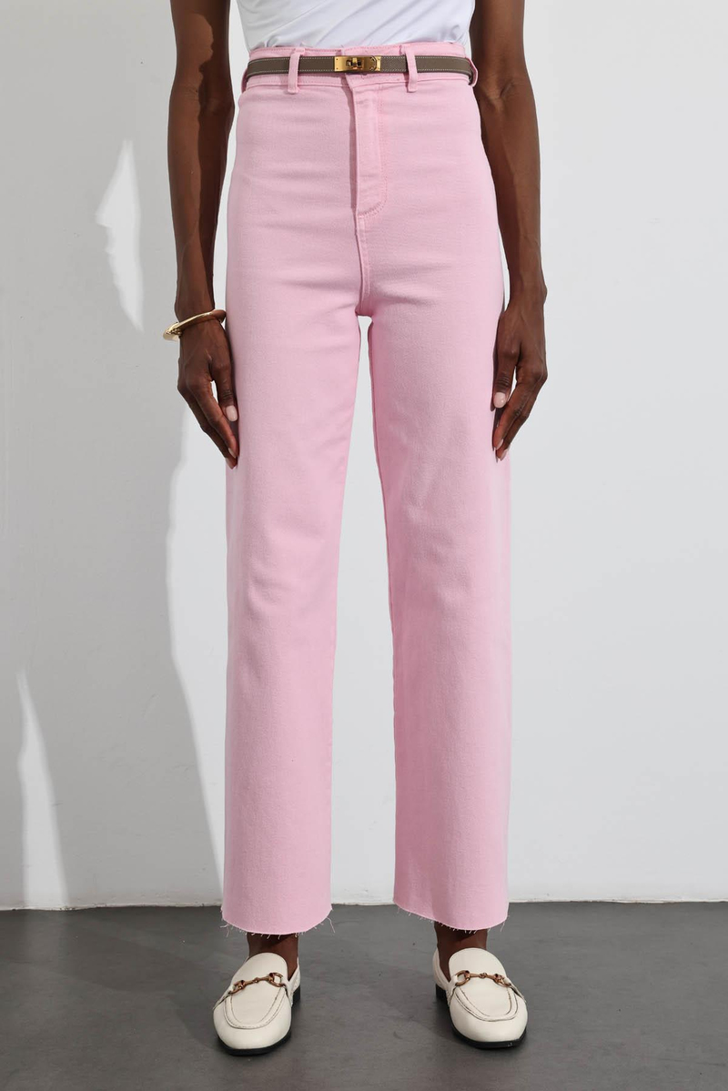 Pembe Yüksek Bel Kesik Paça Wide Leg Jean 