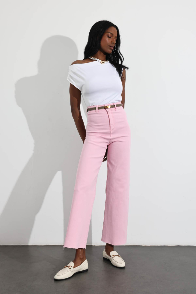 Pembe Yüksek Bel Kesik Paça Wide Leg Jean 