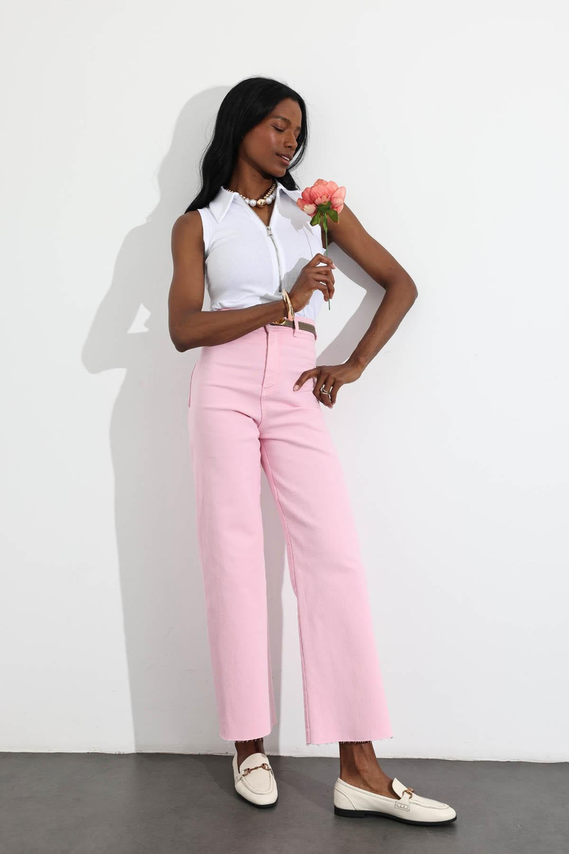 Pembe Yüksek Bel Kesik Paça Wide Leg Jean 