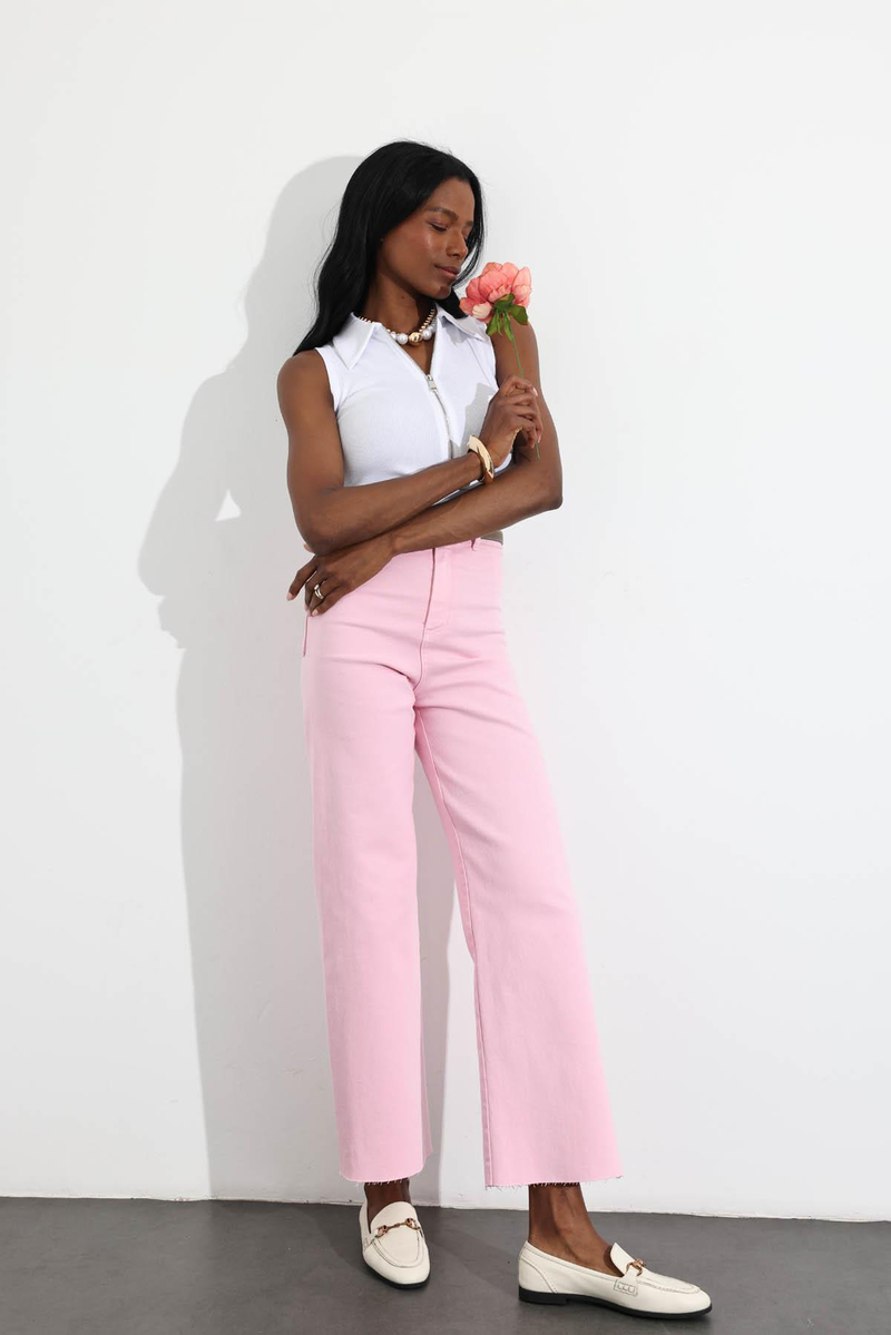 Pembe Yüksek Bel Kesik Paça Wide Leg Jean 