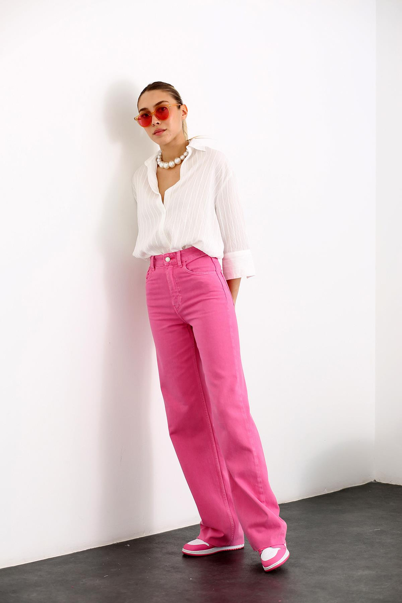 Pembe Yüksek Bel Wide Leg Jean 