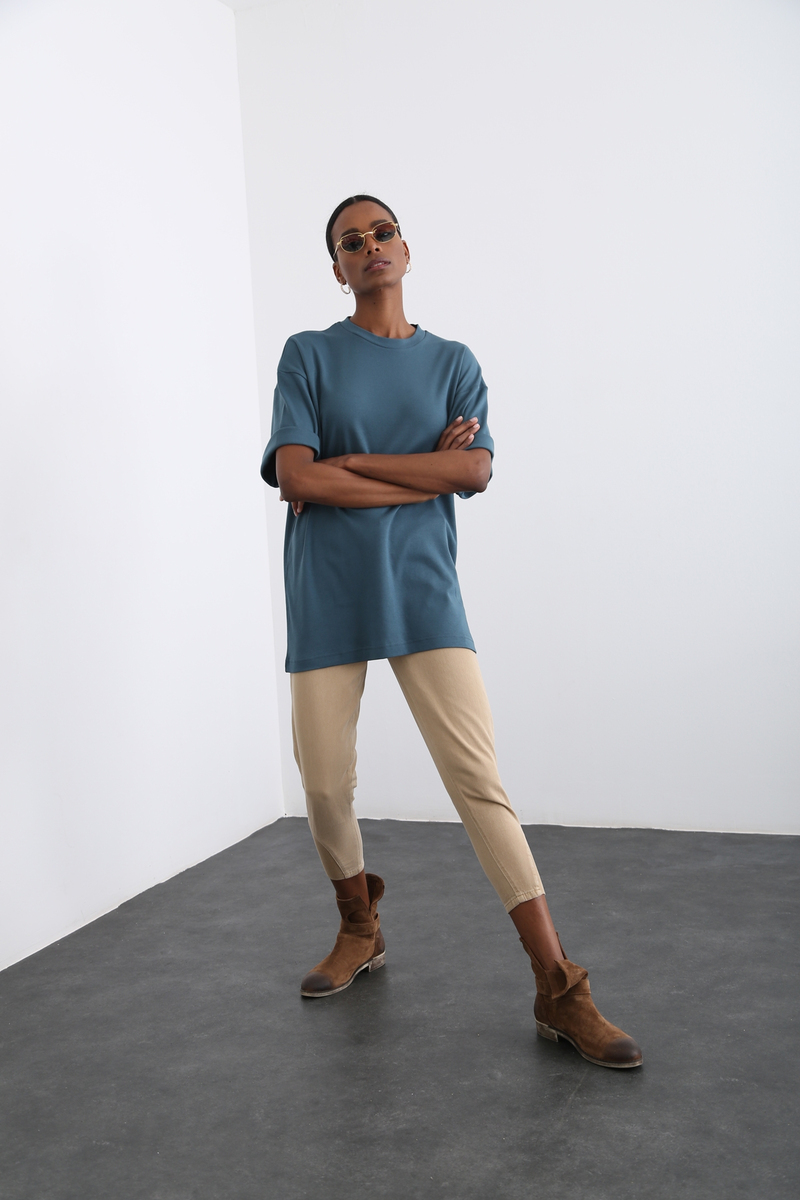 Petrol Mavisi Bisiklet Yaka Basic Tshirt 