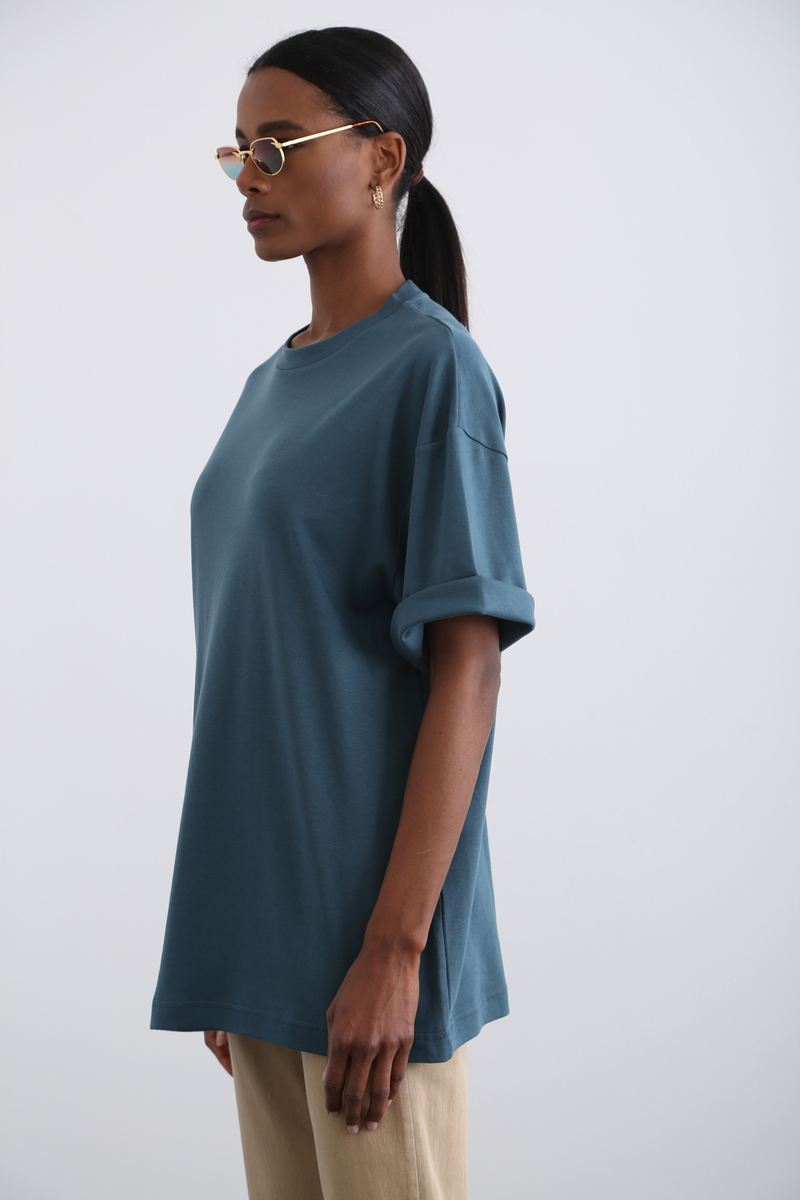 Petrol Mavisi Bisiklet Yaka Basic Tshirt 