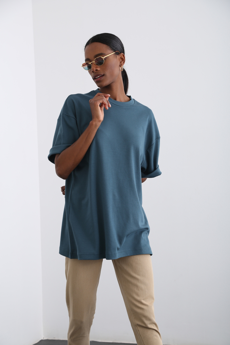 Petrol Mavisi Bisiklet Yaka Basic Tshirt 