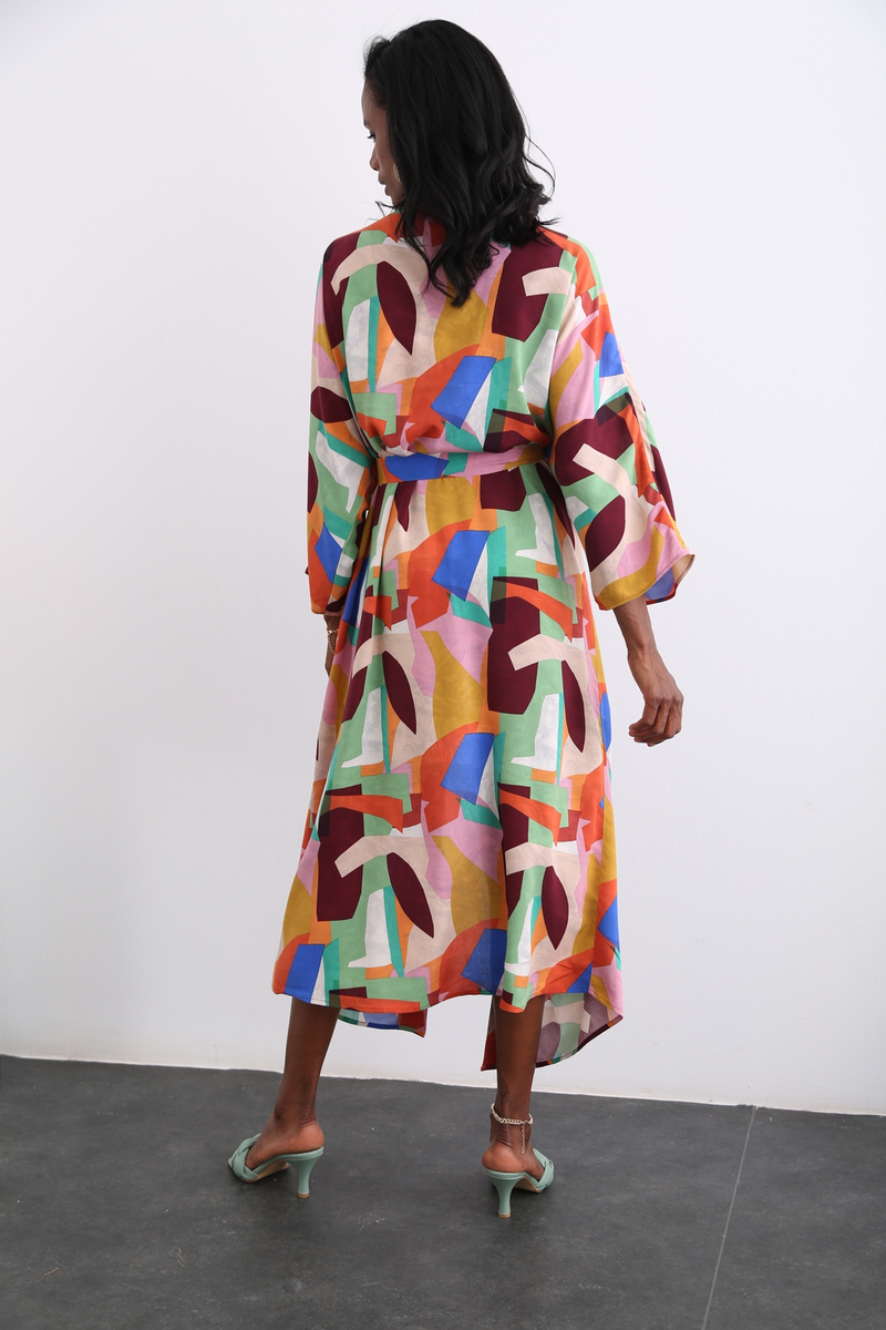 Renkli Kuşaklı Desenli Kimono 