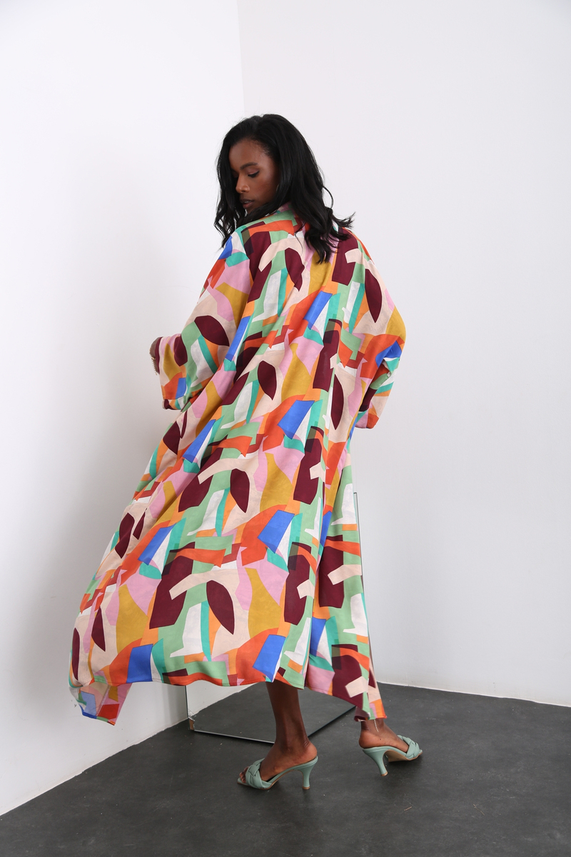 Renkli Kuşaklı Desenli Kimono 