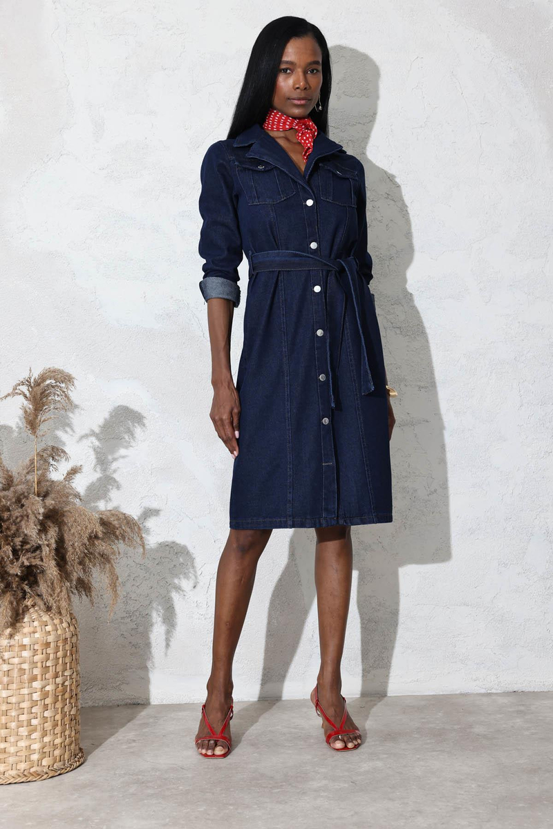 Rins Yıkamalı Kuşaklı Midi Boy Denim Elbise 1054