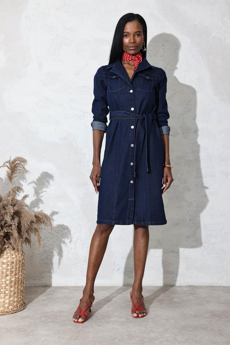 Rins Yıkamalı Kuşaklı Midi Boy Denim Elbise 1054