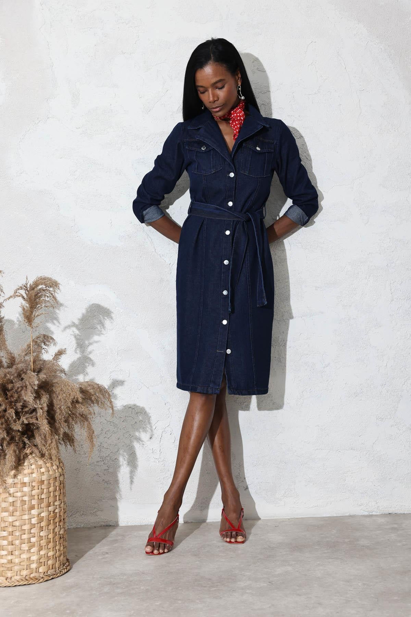 Rins Yıkamalı Kuşaklı Midi Boy Denim Elbise 1054