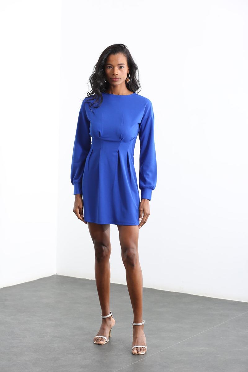 Saks Bisiklet Yaka Beli Pensli Elbise 4580
