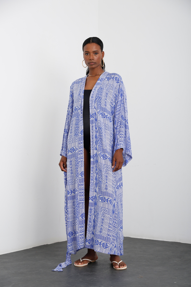 Saks Kızılderili Baskılı Kuşaklı Kimono A-536