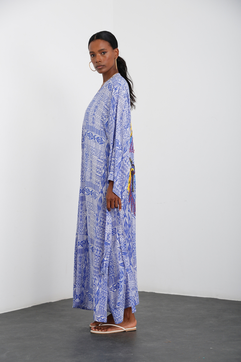 Saks Kızılderili Baskılı Kuşaklı Kimono A-536