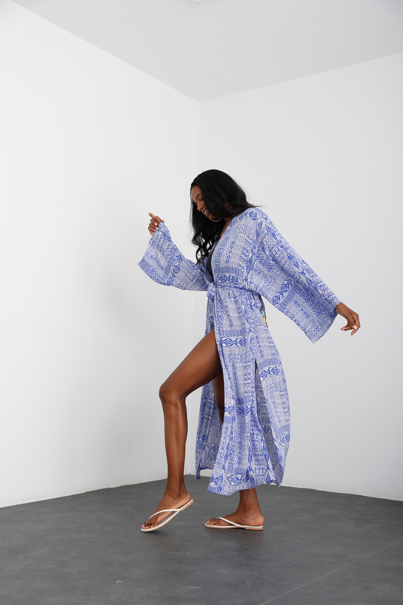 Saks Kızılderili Baskılı Kuşaklı Kimono A-536