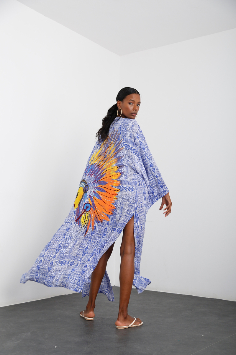 Saks Kızılderili Baskılı Kuşaklı Kimono A-536