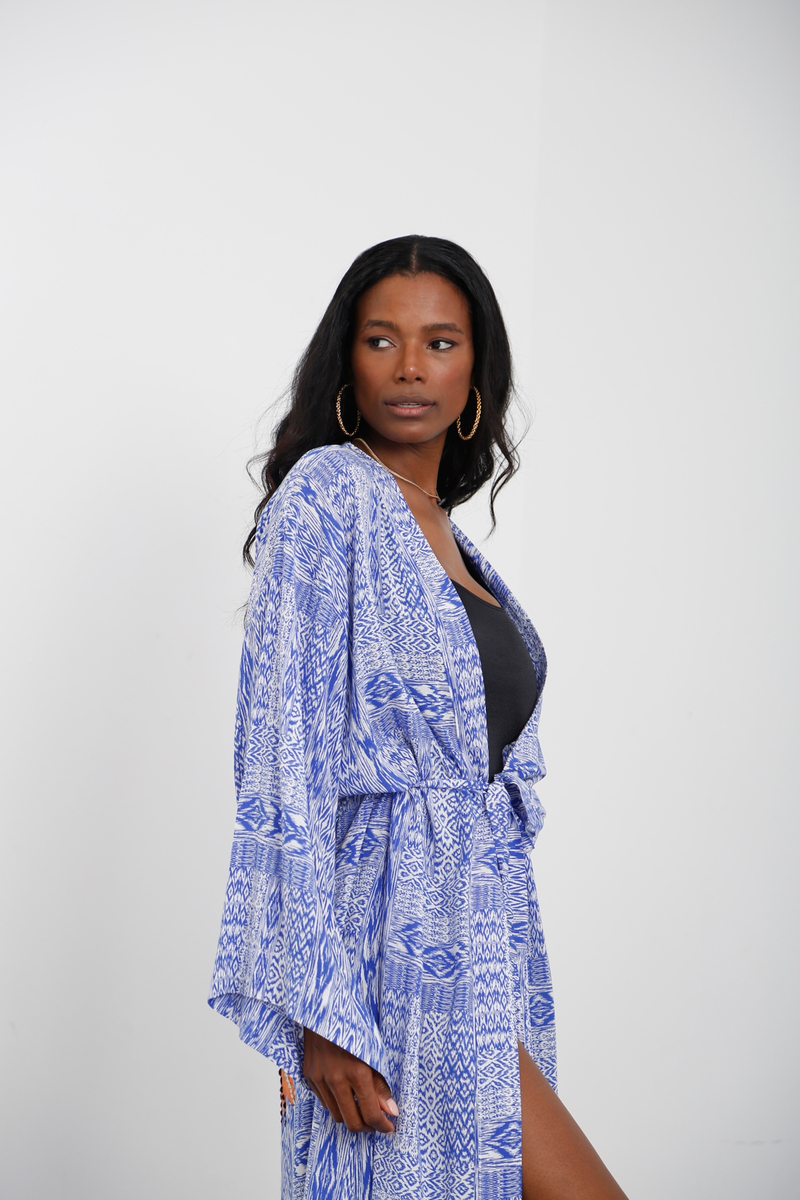 Saks Kızılderili Baskılı Kuşaklı Kimono A-536
