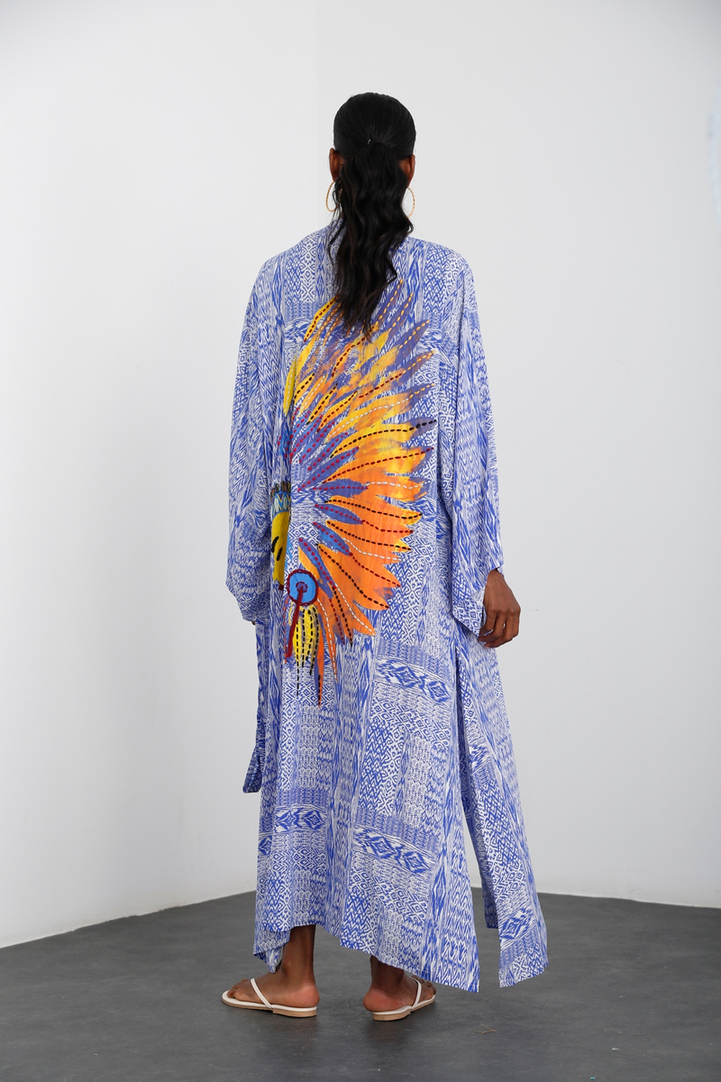 Saks Kızılderili Baskılı Kuşaklı Kimono A-536