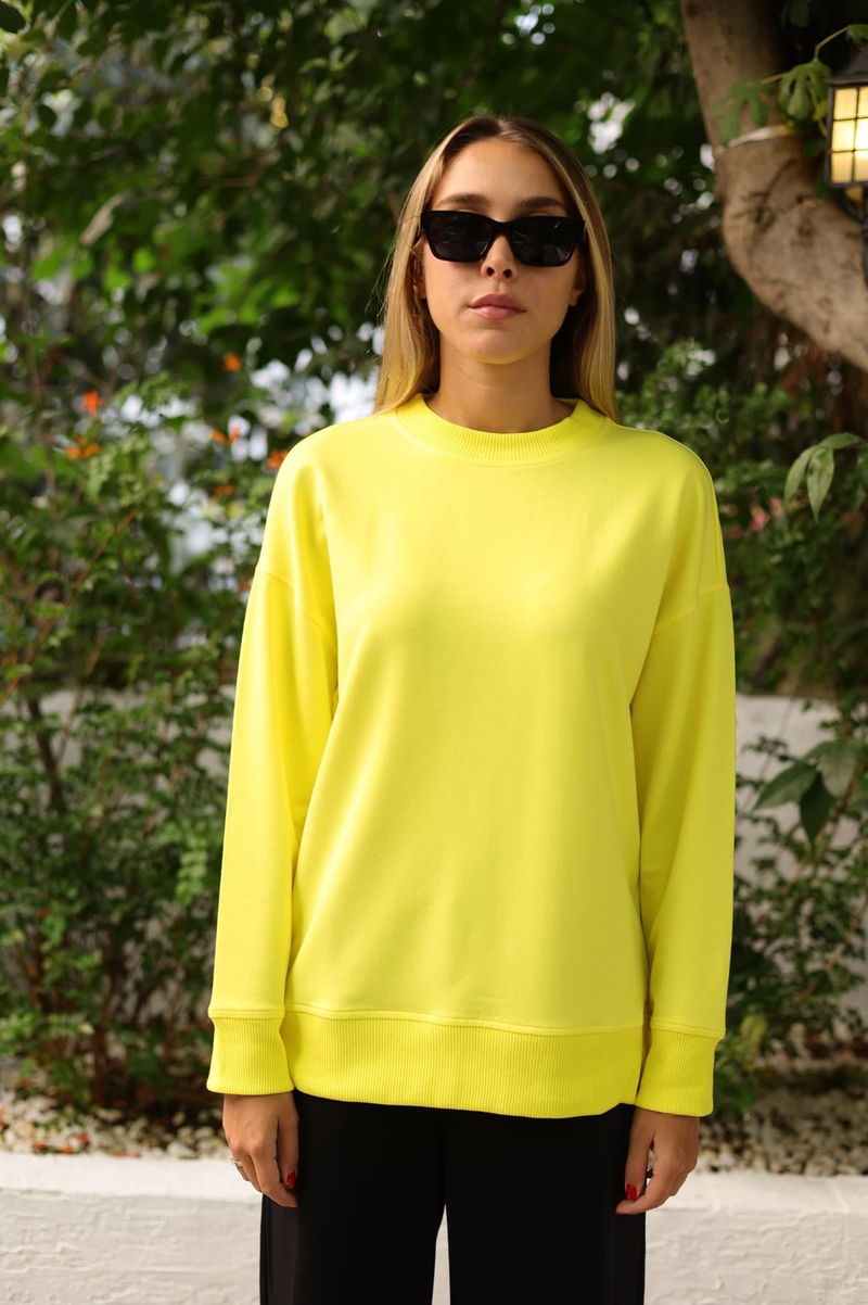 Sarı Bisiklet Yaka Basic Sweatshirt 9002