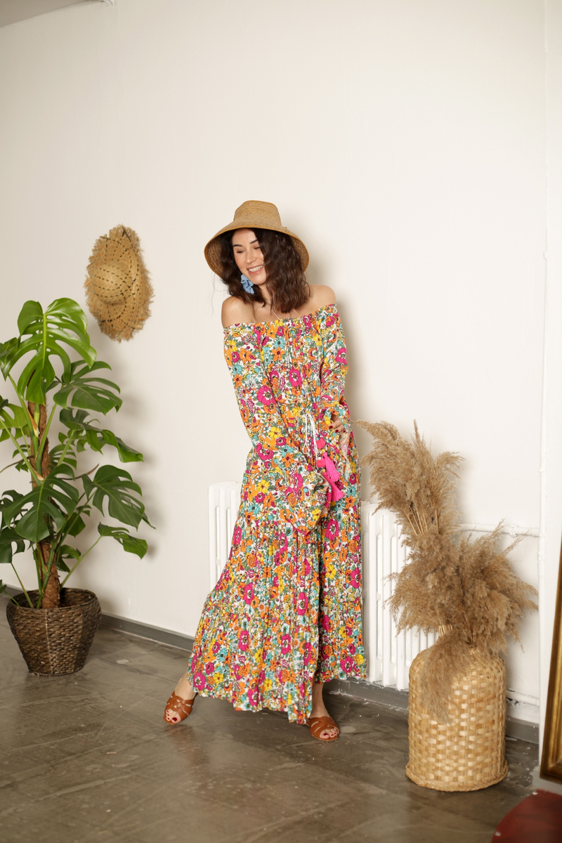 Sarı Çiçekli Bürümcük Elbise ANR165