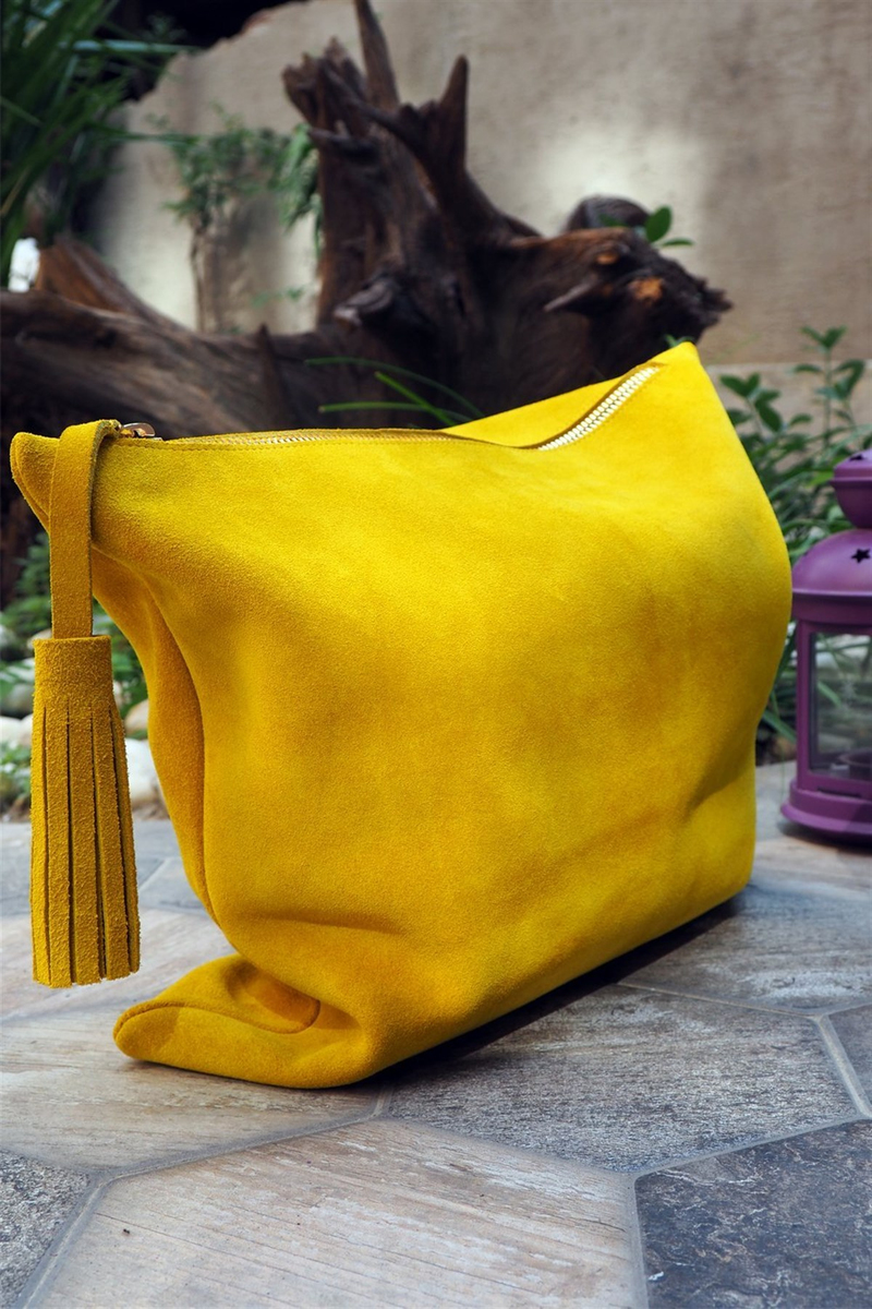 Sarı Lime Süet Deri Clutch