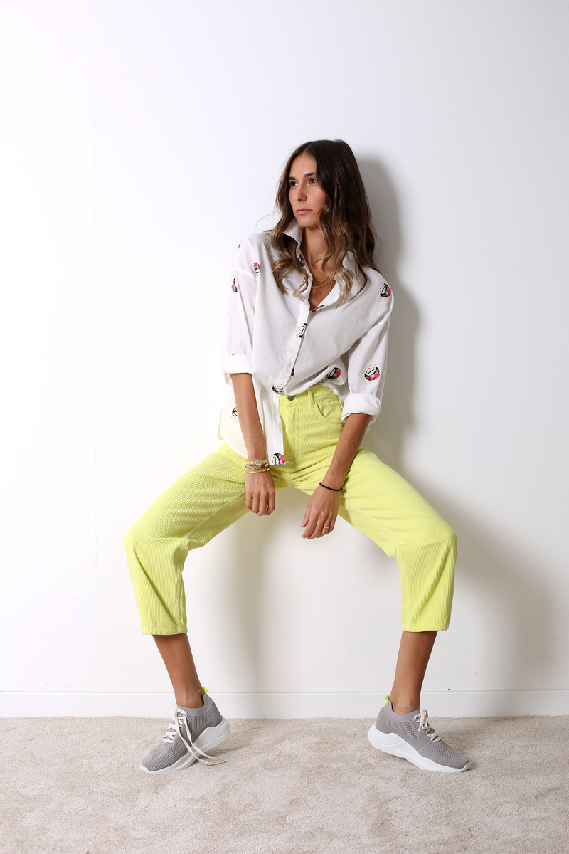 Sarı Neon Fitilli Kadife Mom Pantolon