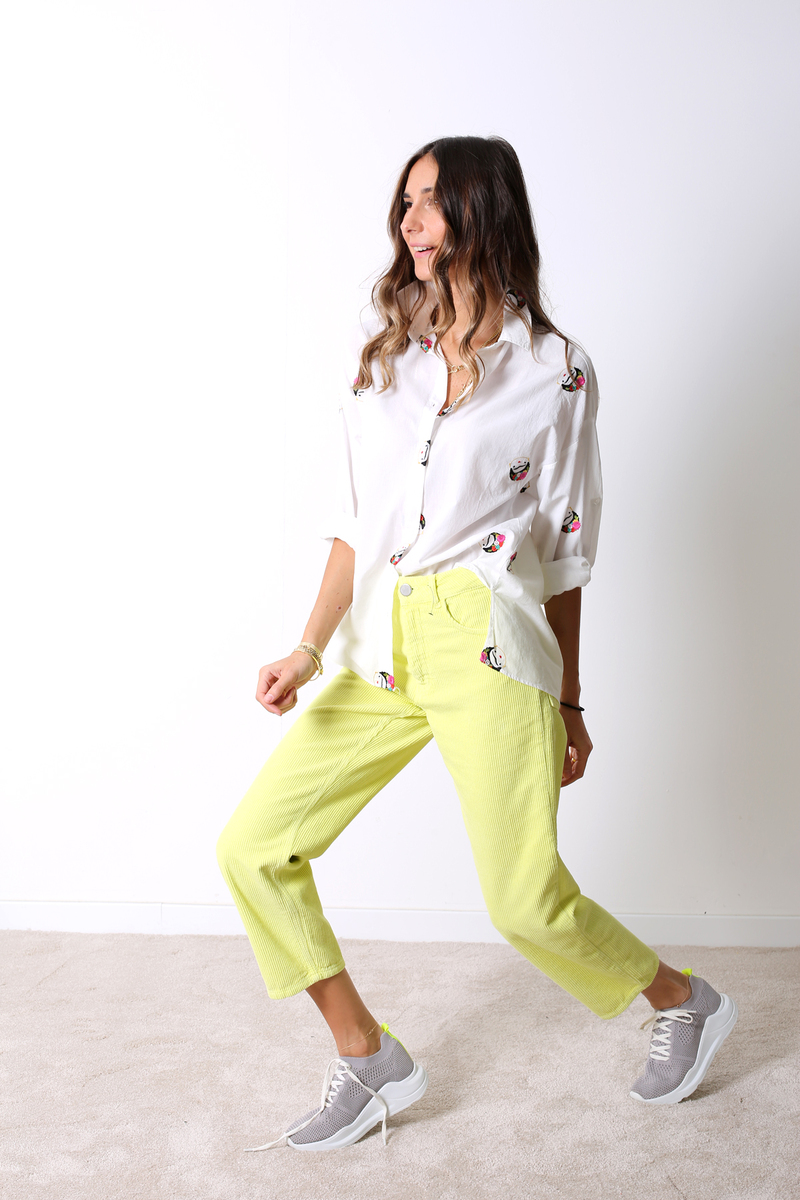 Sarı Neon Fitilli Kadife Mom Pantolon