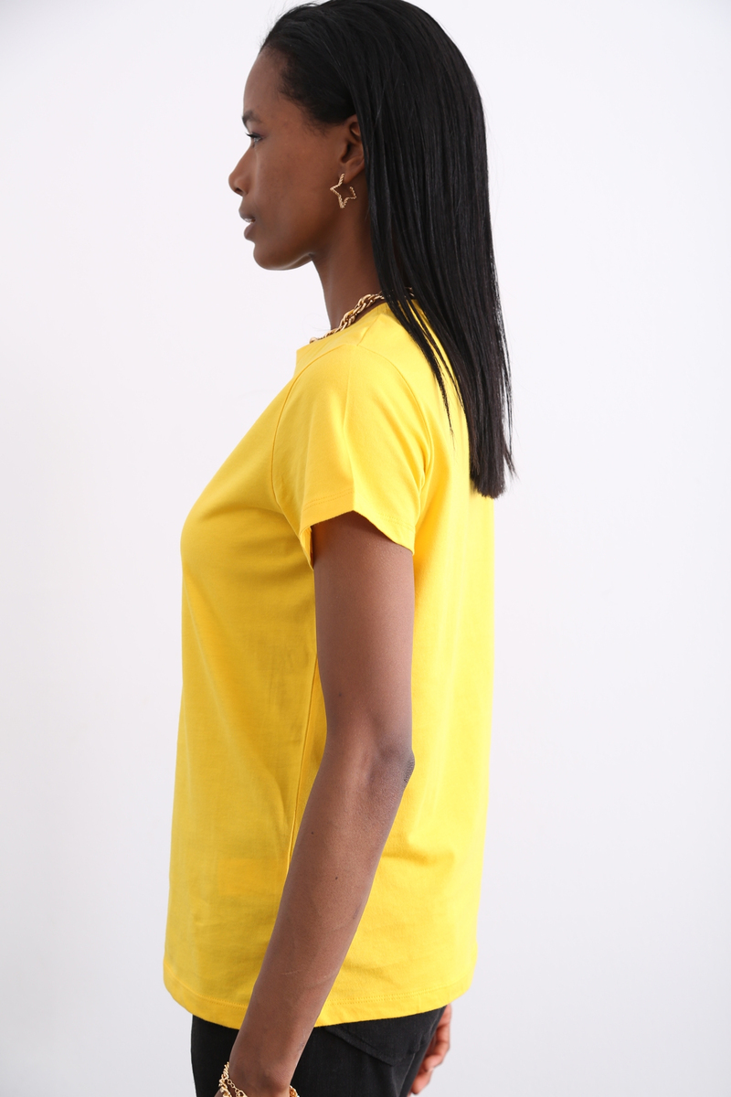 Sarı Organik Bisiklet Yaka Tshirt 