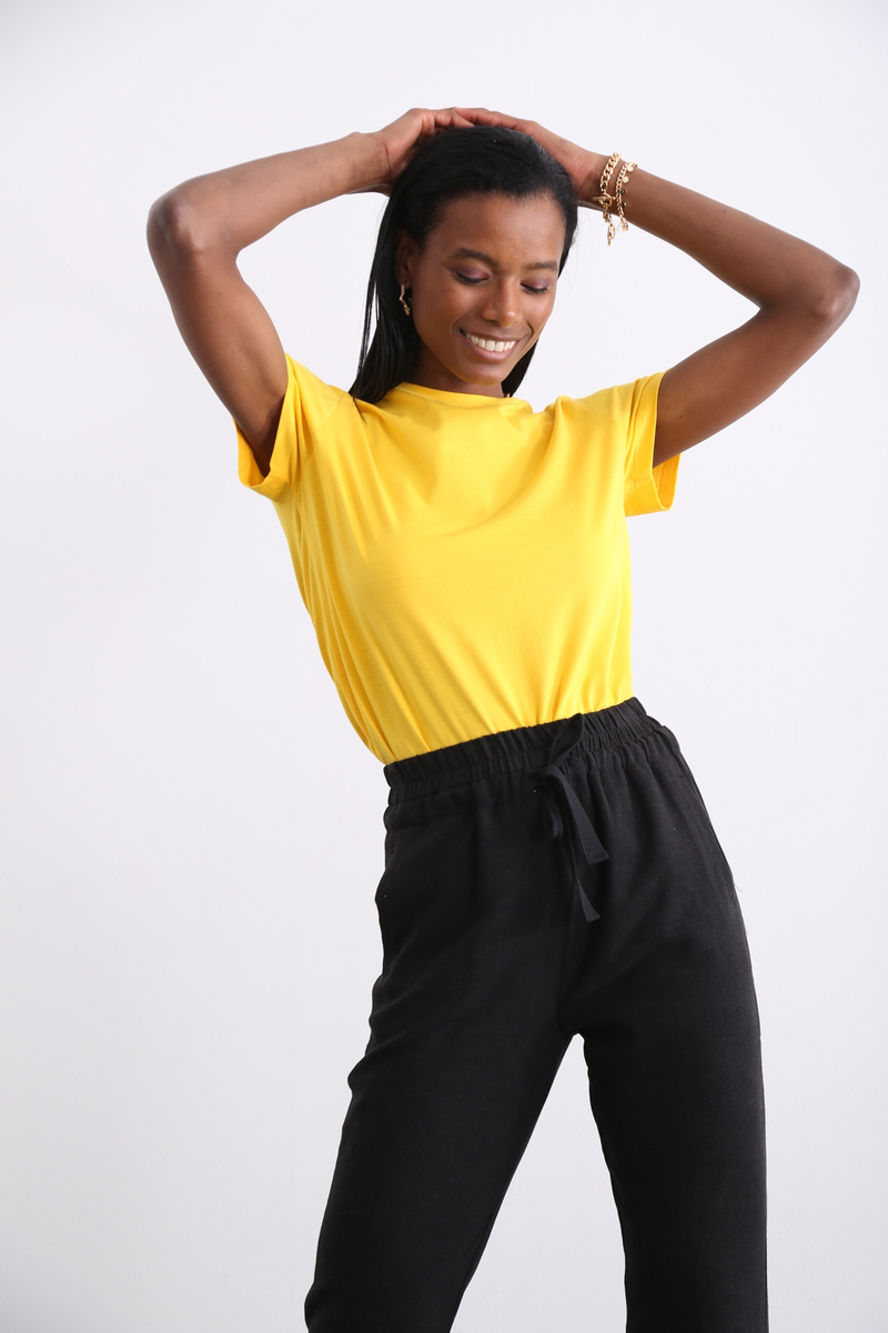 Sarı Organik Bisiklet Yaka Tshirt 