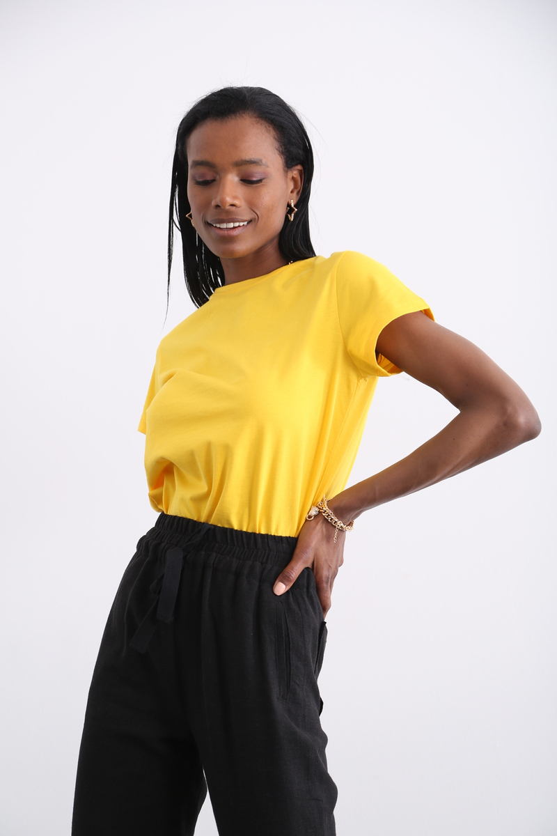 Sarı Organik Bisiklet Yaka Tshirt 