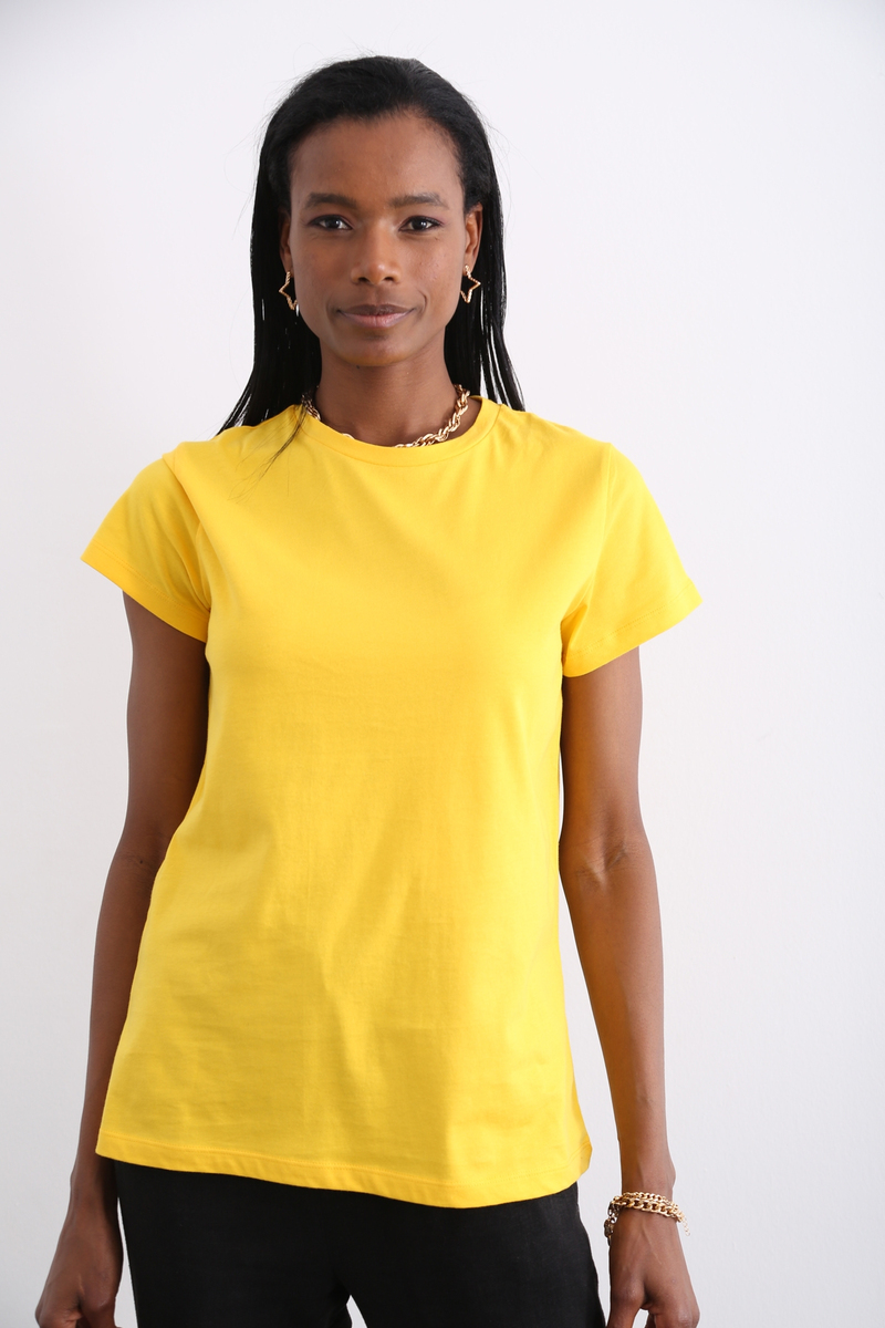 Sarı Organik Bisiklet Yaka Tshirt 