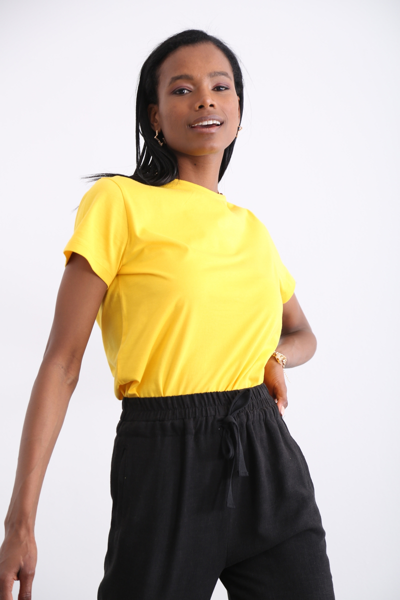 Sarı Organik Bisiklet Yaka Tshirt 