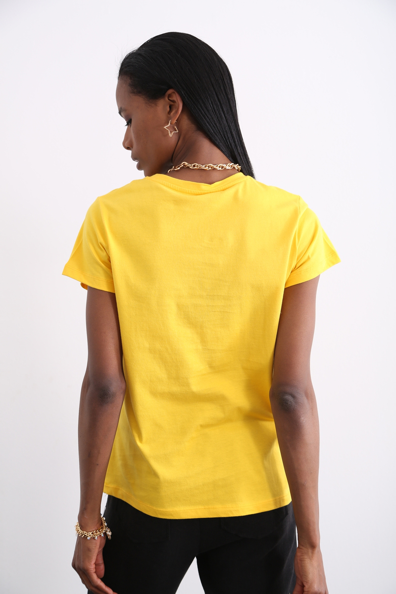 Sarı Organik Bisiklet Yaka Tshirt 