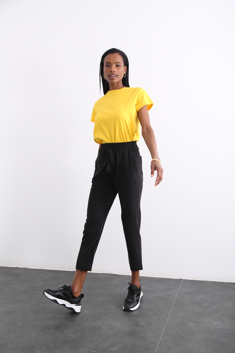 Sarı Organik Bisiklet Yaka Tshirt 