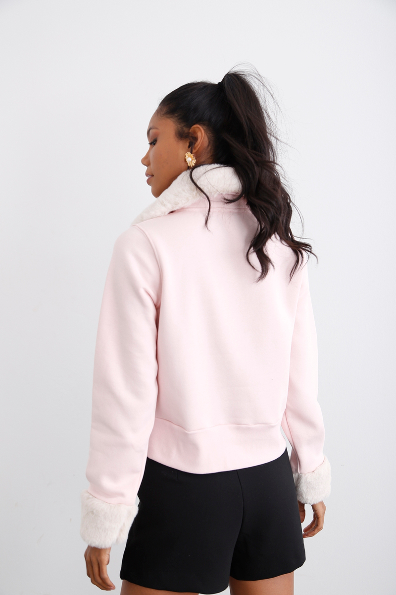 Şeker Pembe Kürk Detaylı Şardonlu Sweatshirt 