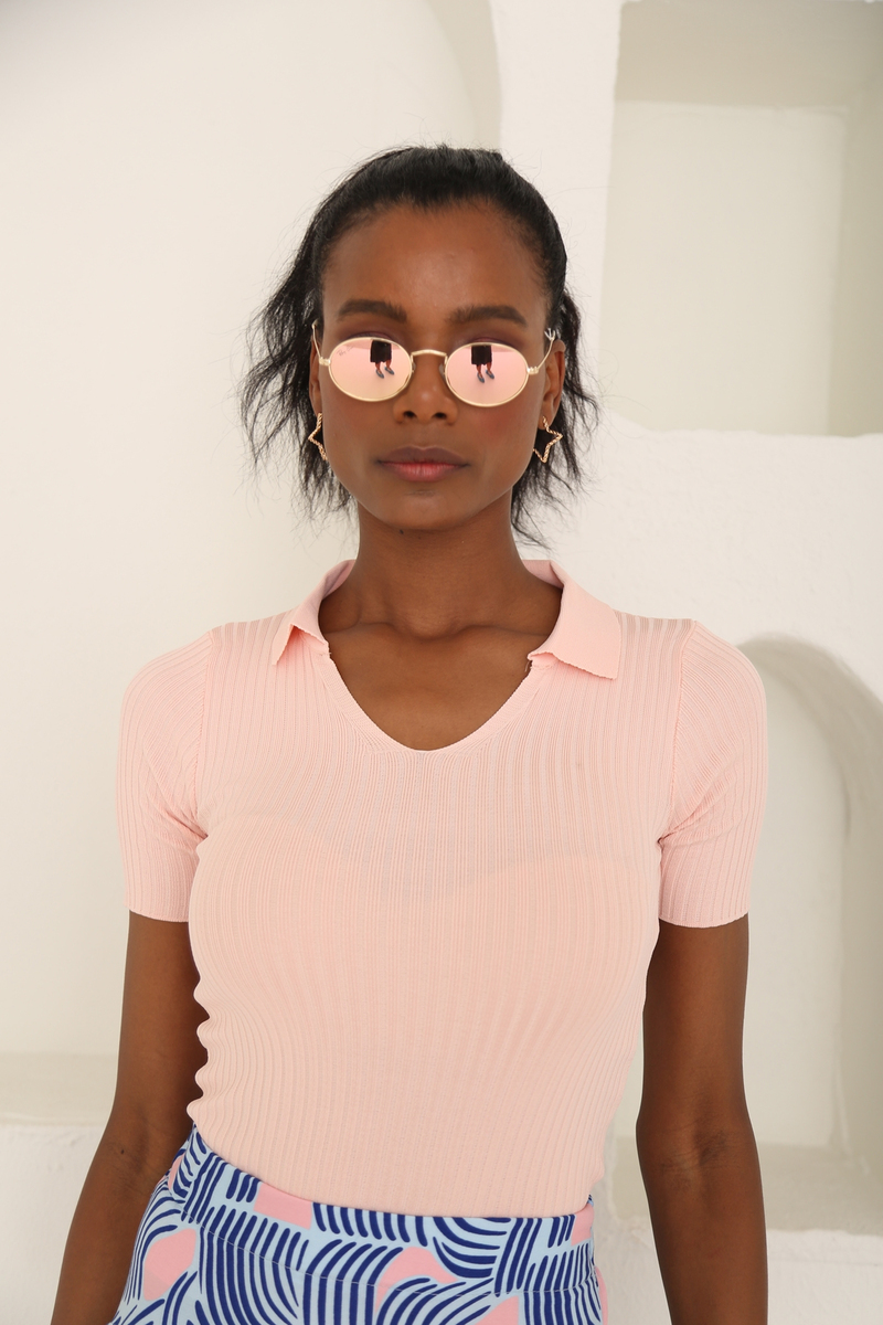 Şeker Pembe Polo Yaka Fitilli Tshirt 2103