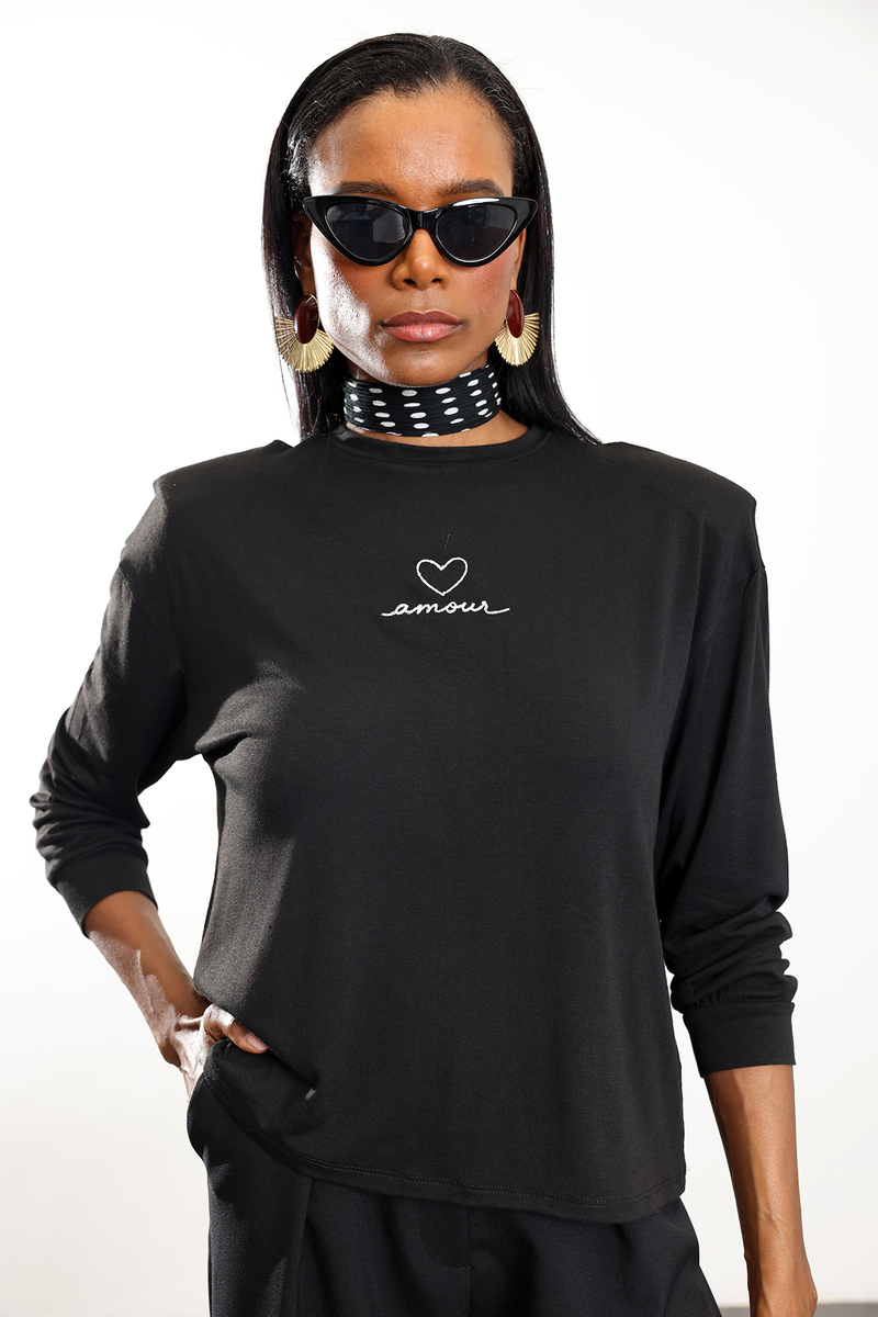 Siyah Amour Yazı Nakışlı Vatkalı Bluz 18075