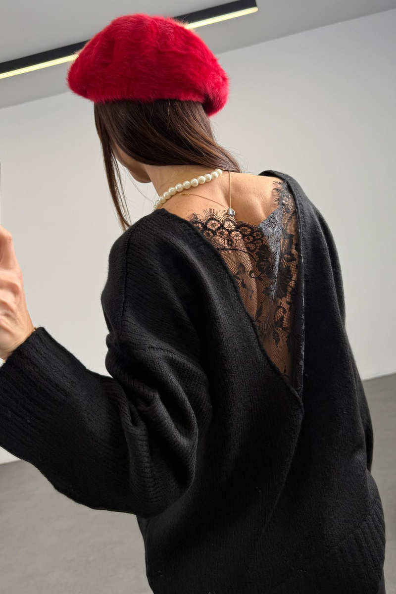 Siyah Arkası Dantel Detaylı Kazak 0148