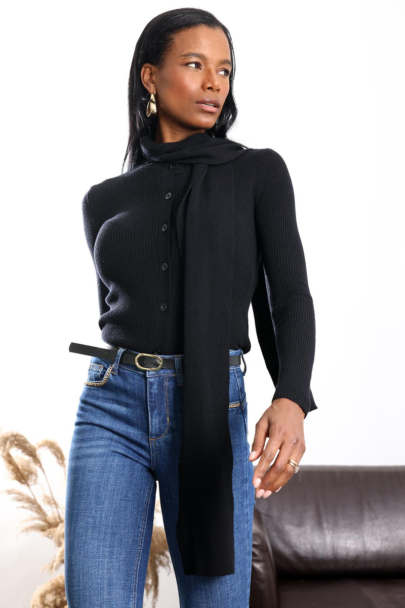 Siyah Atkı Detaylı Triko Hırka 17757