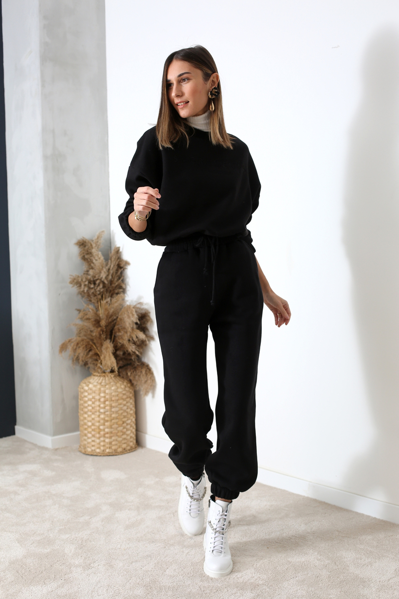 Siyah Beli Bağlamalı Crop Sweatshirt