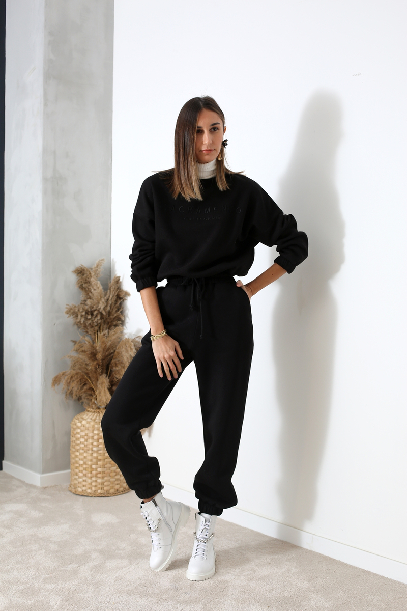 Siyah Beli Bağlamalı Crop Sweatshirt