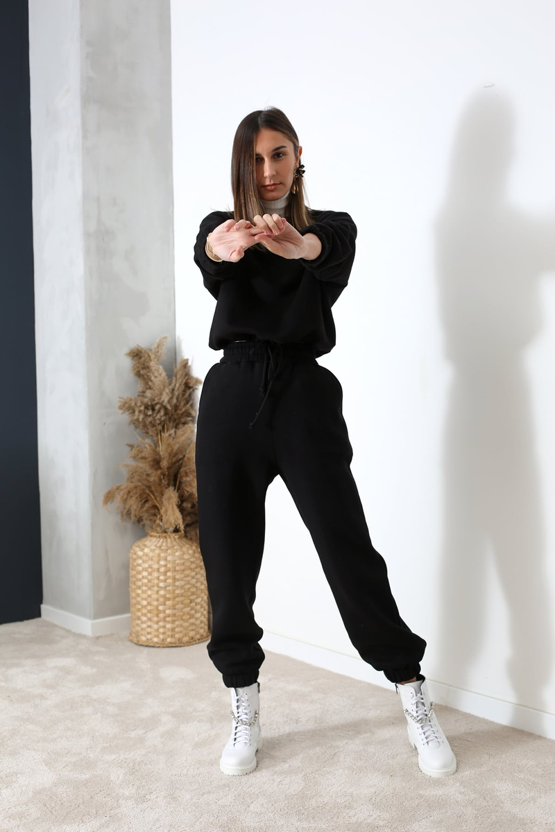 Siyah Beli Bağlamalı Crop Sweatshirt