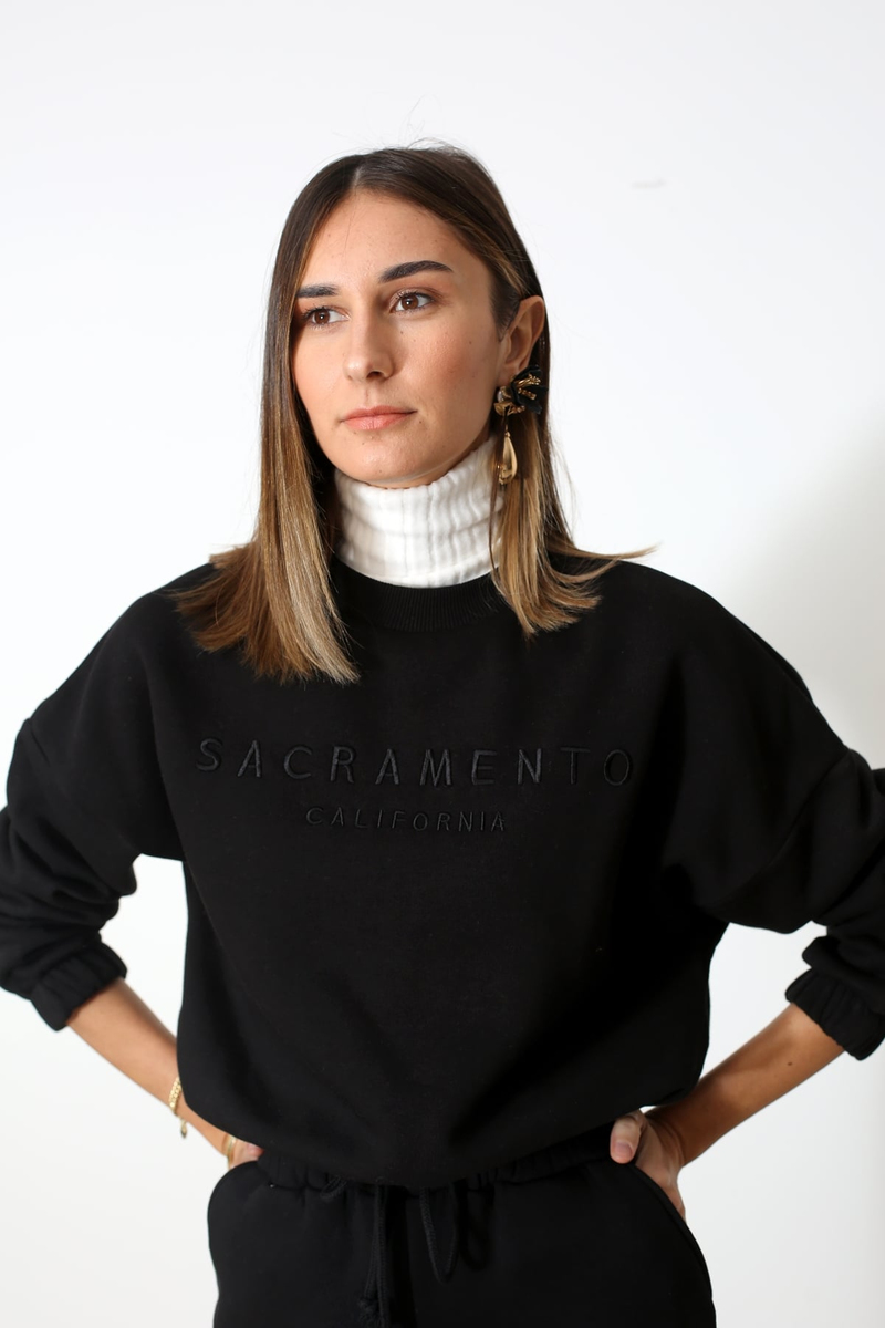 Siyah Beli Bağlamalı Crop Sweatshirt