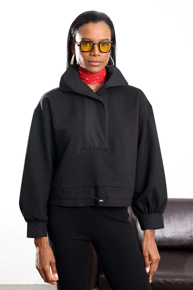 Siyah Beli Büzdürmeli Dik Yaka Sweatshirt 36720