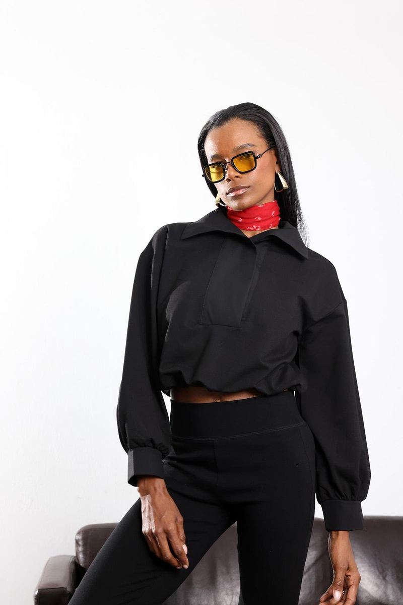 Siyah Beli Büzdürmeli Dik Yaka Sweatshirt 36720