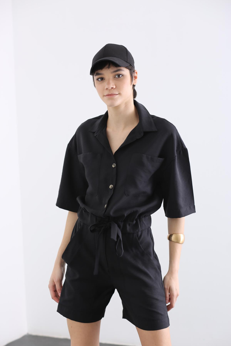 Siyah Beli Büzgülü Şort Tulum 03382