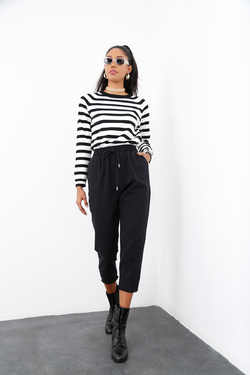 Siyah Beli Lastikli Gabardin Pantolon 0024
