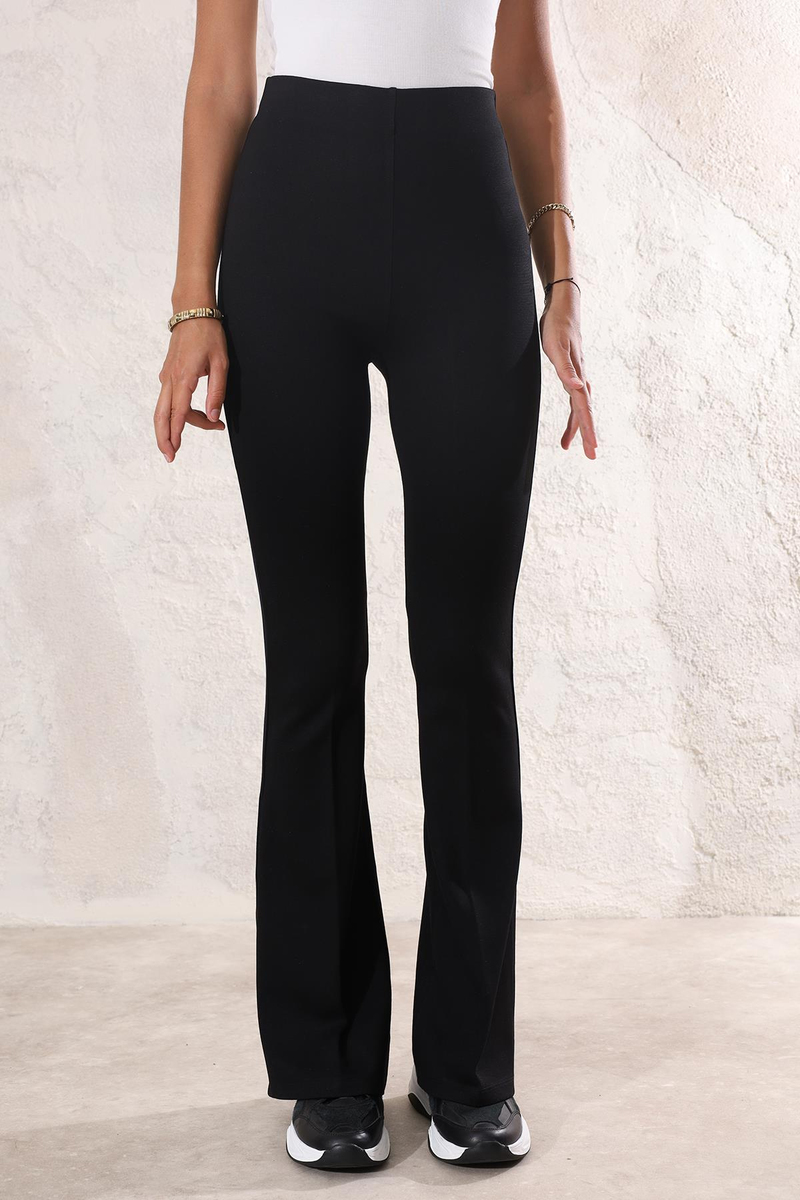 Siyah Beli Lastikli İspanyol Paça Pantolon 2511